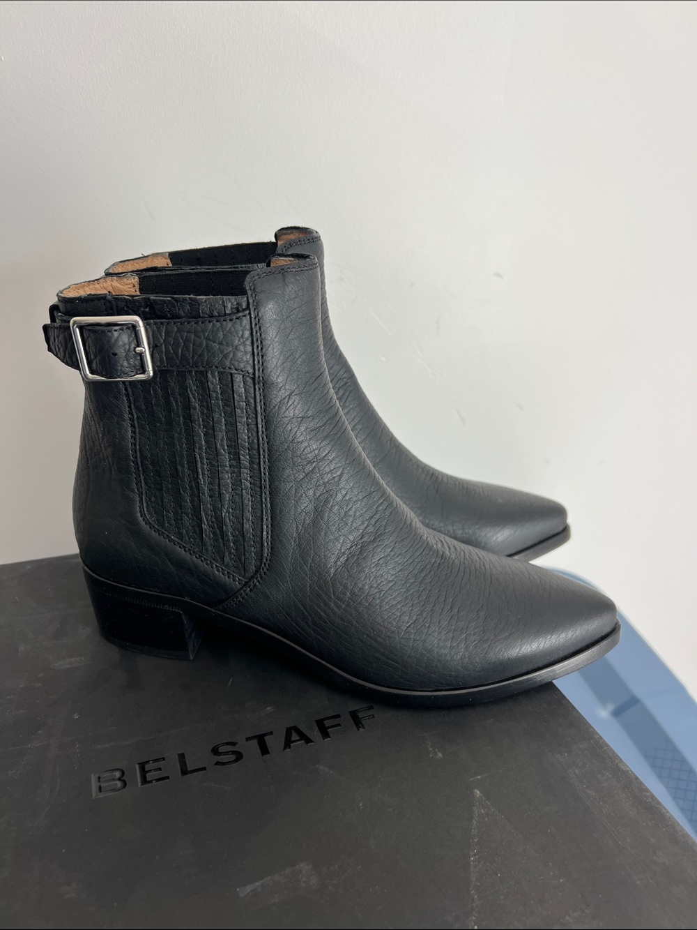 Belstaff albaz black leather booties ankle boots pointed toe western 38